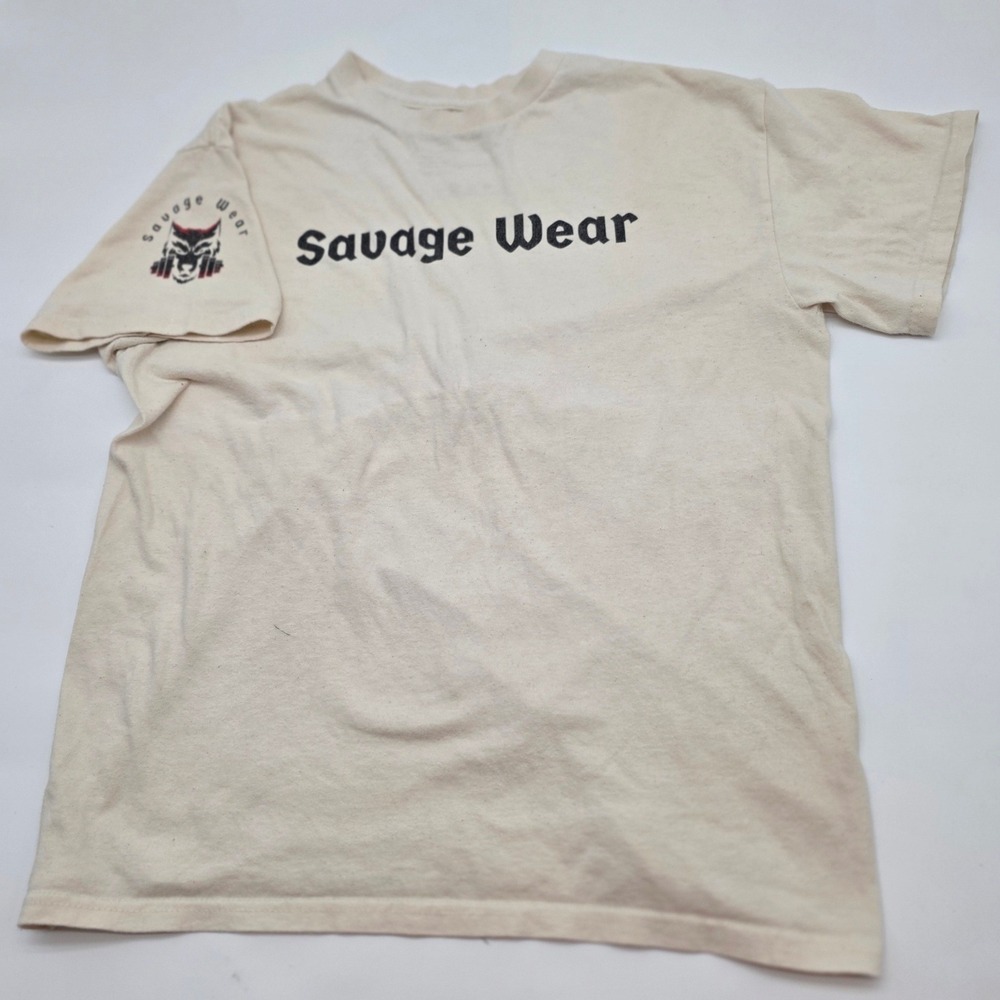 Savage Wear Graphic‎ T-Shirt Mens Medium Beige Gym Wolf Logo Streetwear Casual
